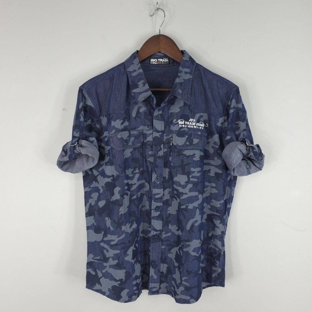 Big Train Shirt Mens Large Blue Camouflage 3/4 Sleeve Roll Tab Button Up Cotton